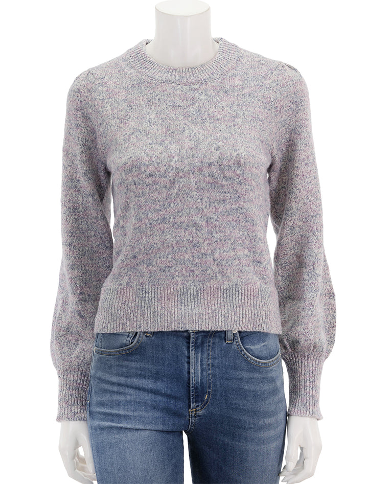 Front view of Marine Layer's alma puff sleeve crewneck sweater in purple heather.