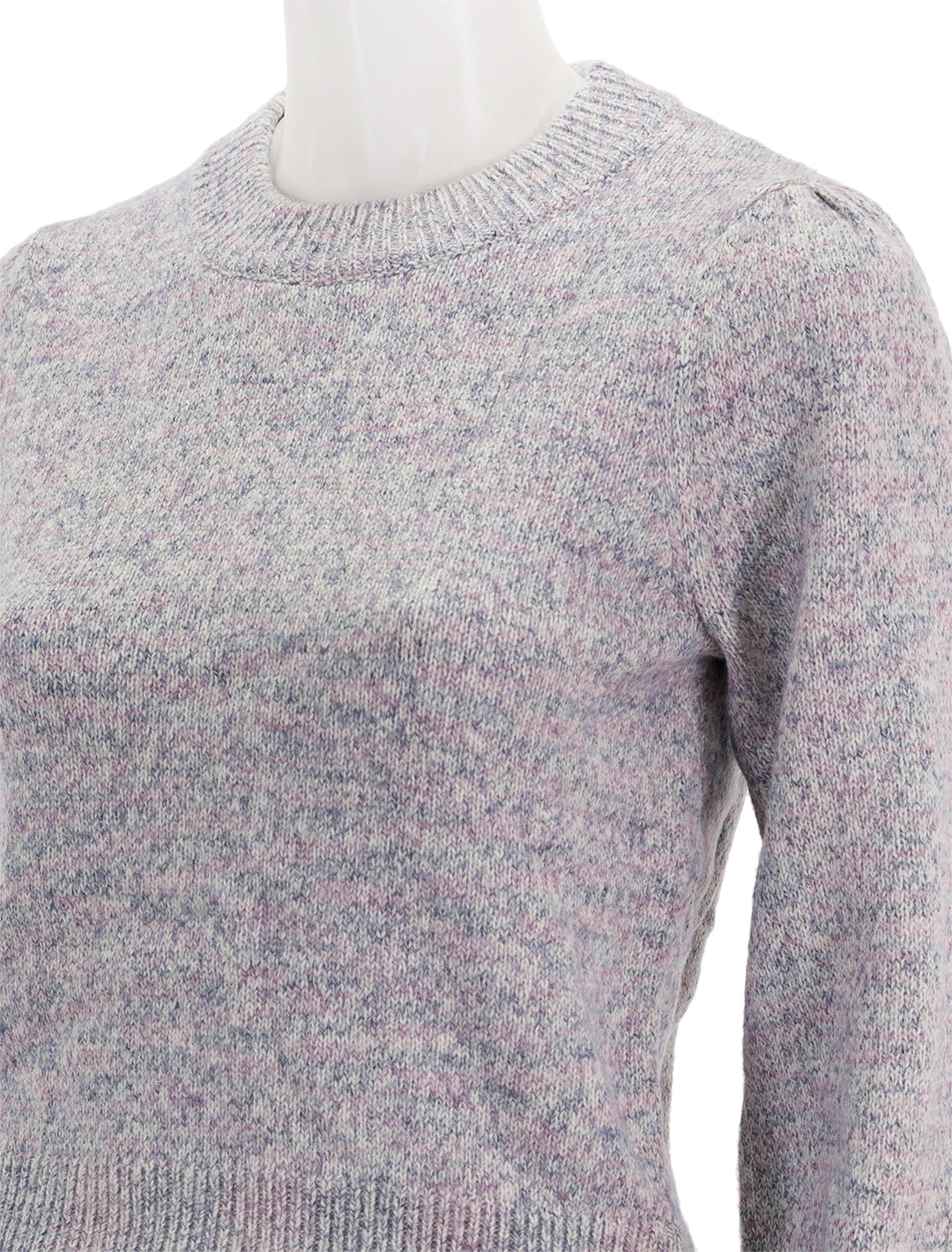 Close-up view of Marine Layer's alma puff sleeve crewneck sweater in purple heather.
