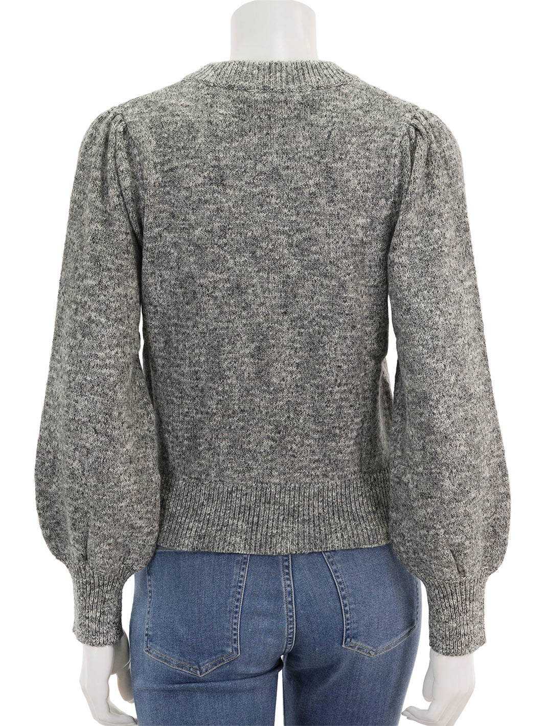 Back view of Marine Layer's alma puff sleeve crewneck in charcoal heather.