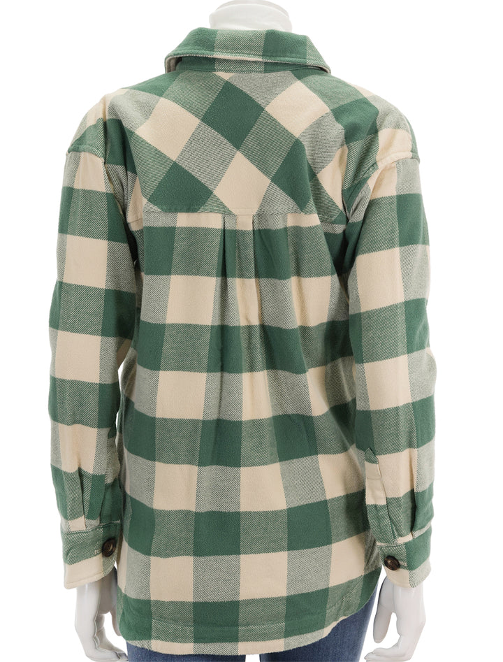 Back view of Marine Layer's bailey shirt jacket in green buffalo check.
