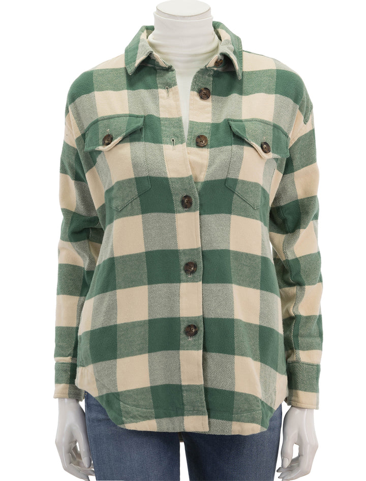 Front view of Marine Layer's bailey shirt jacket in green buffalo check, buttoned.