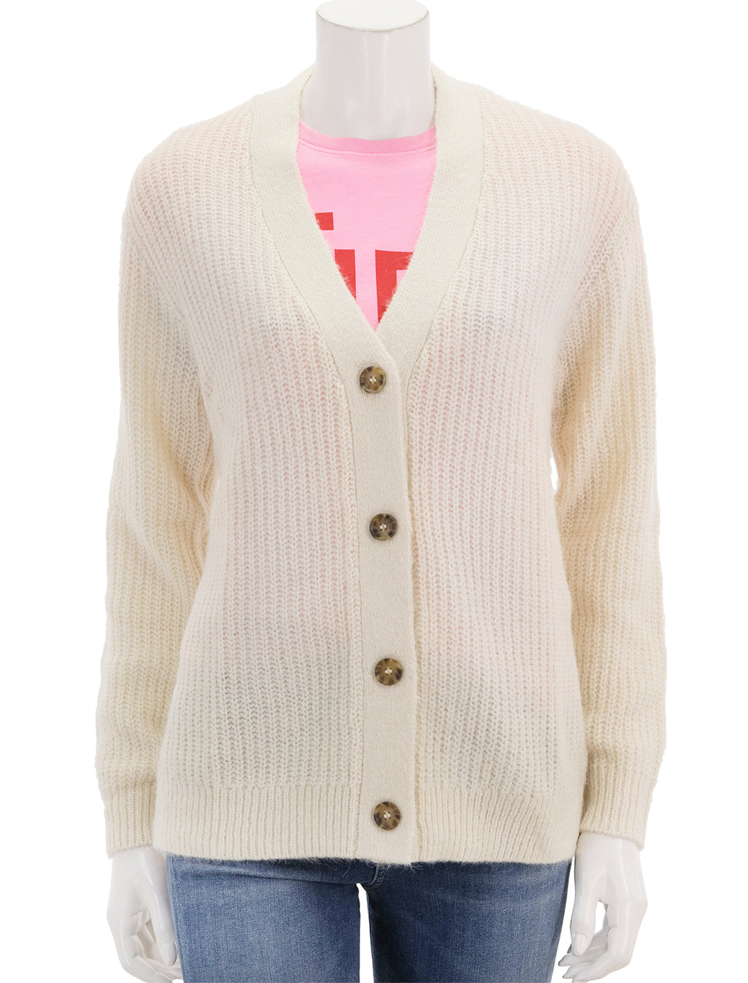 Front view of Marine Layer's nova long oversized cardigan in ivory.