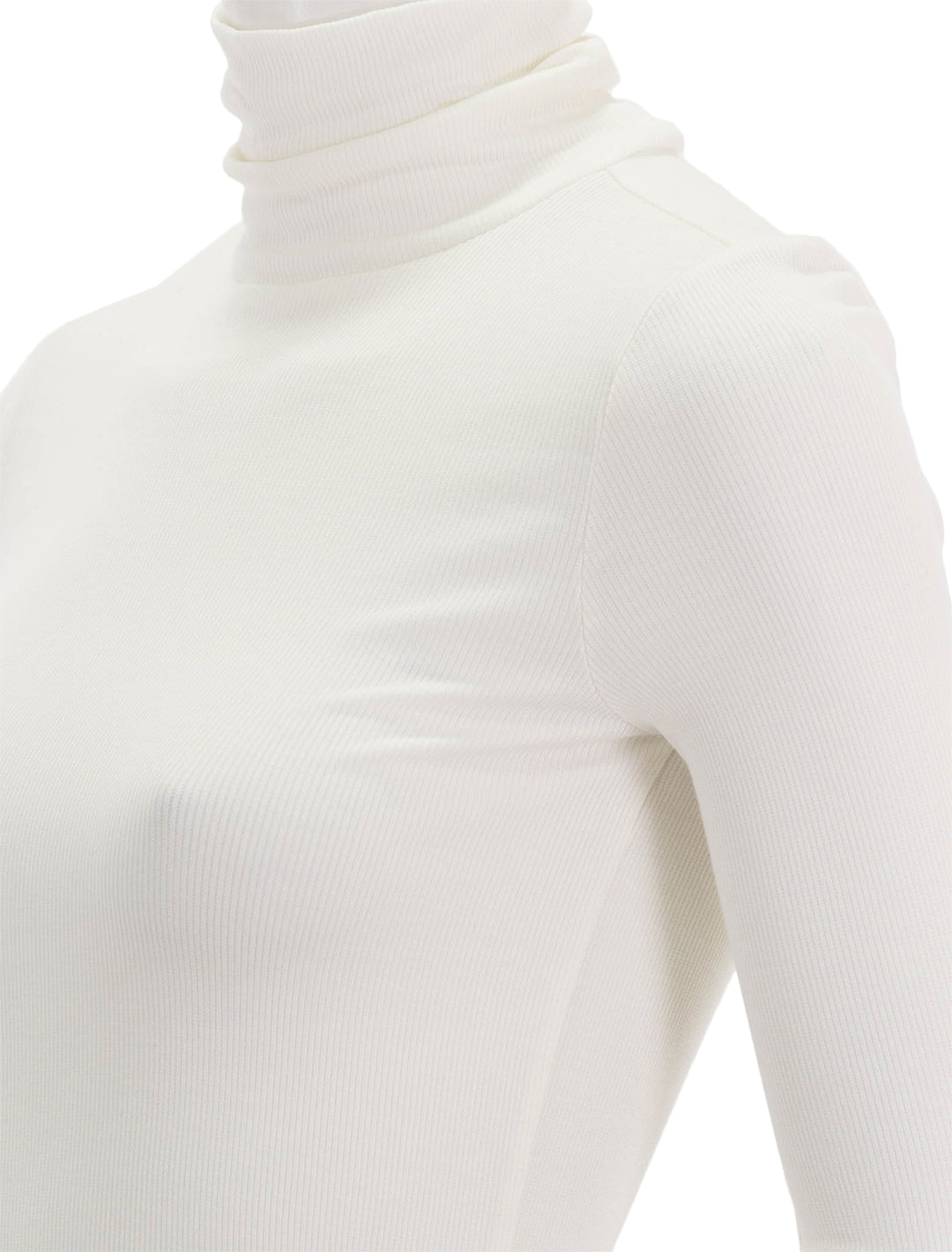 Close-up view of Marine Layer's lexi rib turtleneck in antique white.