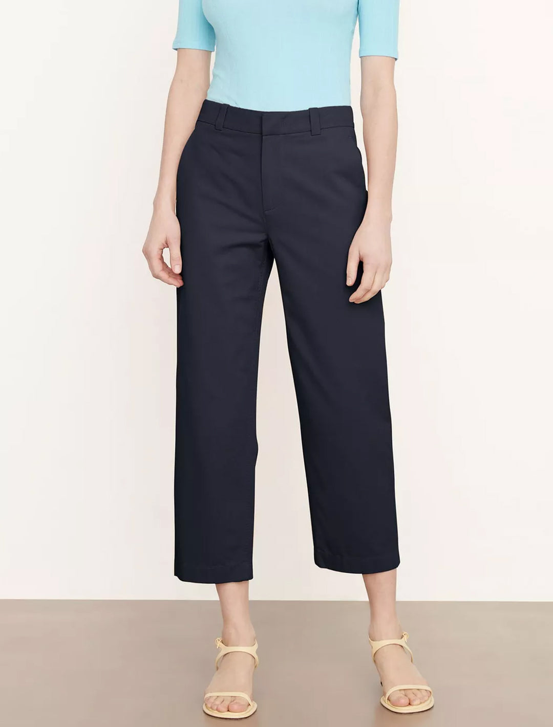 Model wearing Vince's mid rise washed cotton crop pant in coastal.