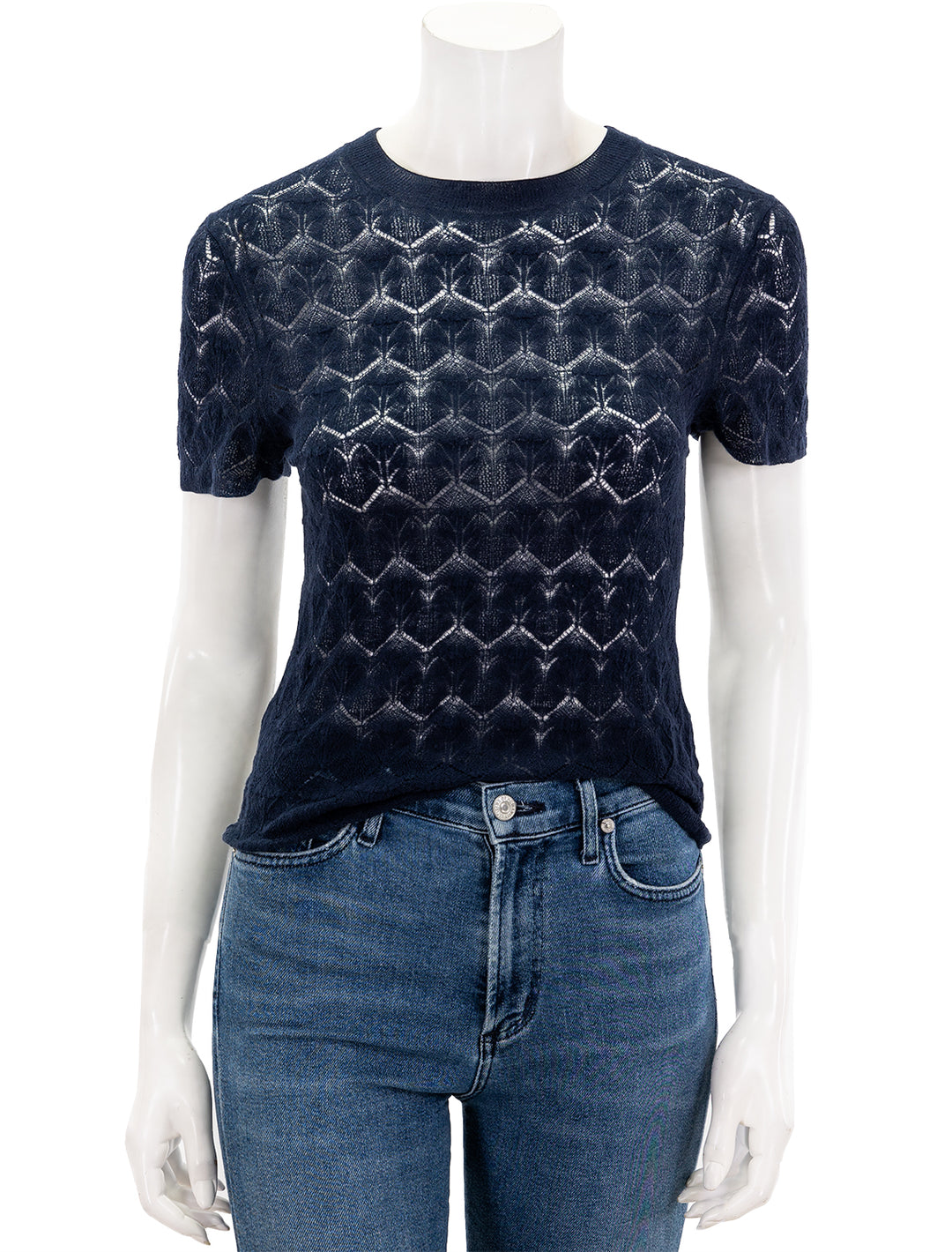 Front view of Vince's fine lace short sleeve crew neck in navy.