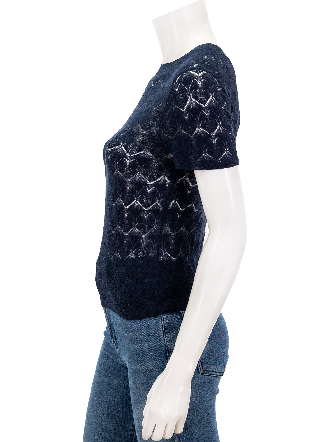 Side view of Vince's fine lace short sleeve crew neck in navy.
