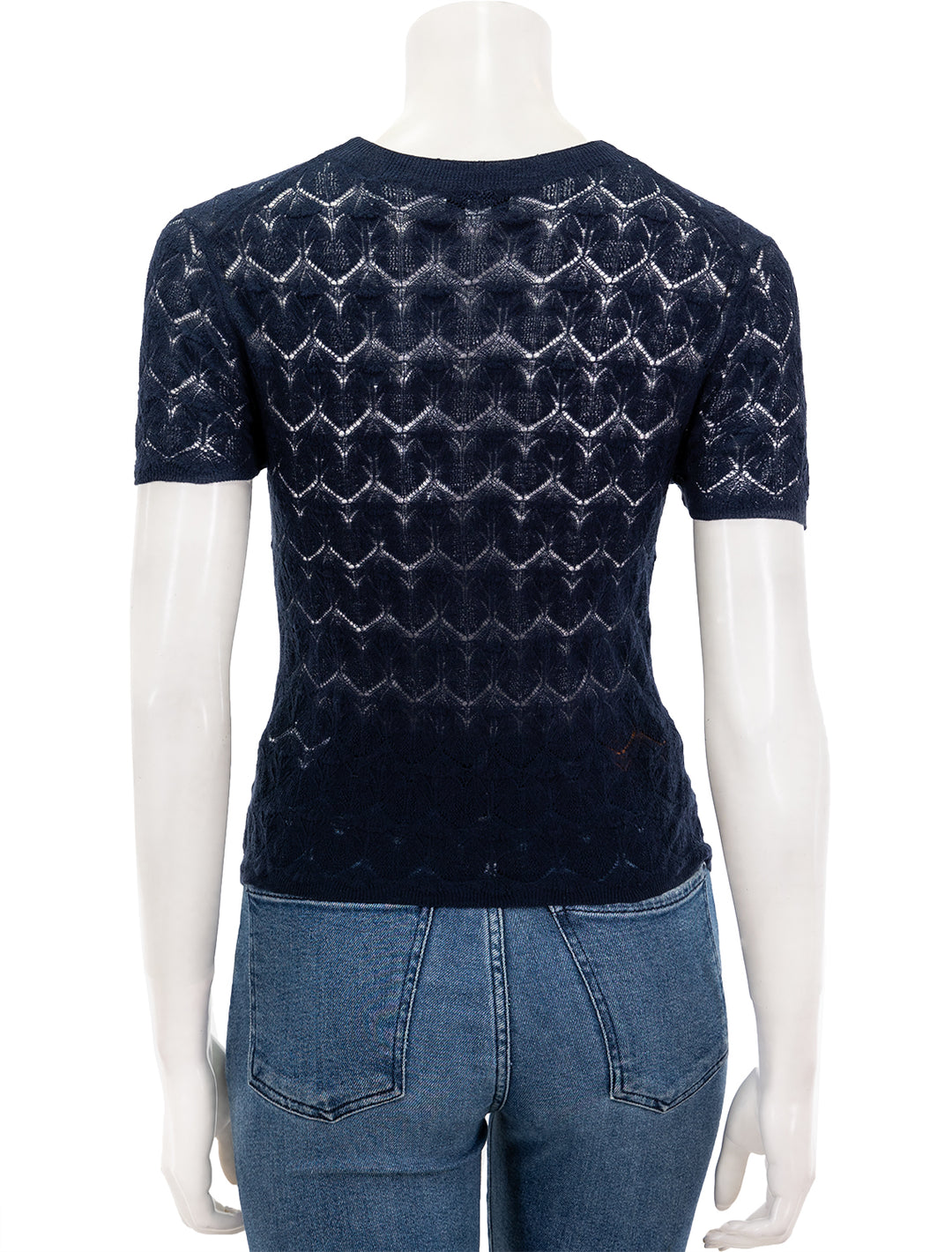 Back view of Vince's fine lace short sleeve crew neck in navy.