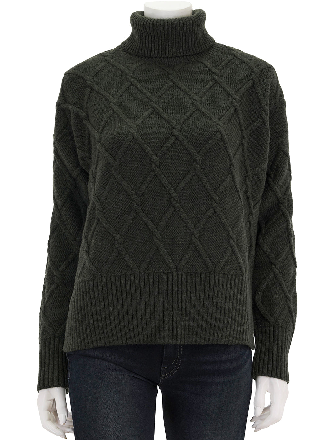 Front view of Barbour's perch knit turtleneck in olive.