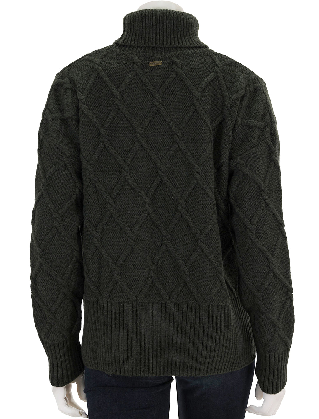 Back view of Barbour's perch knit turtleneck in olive.