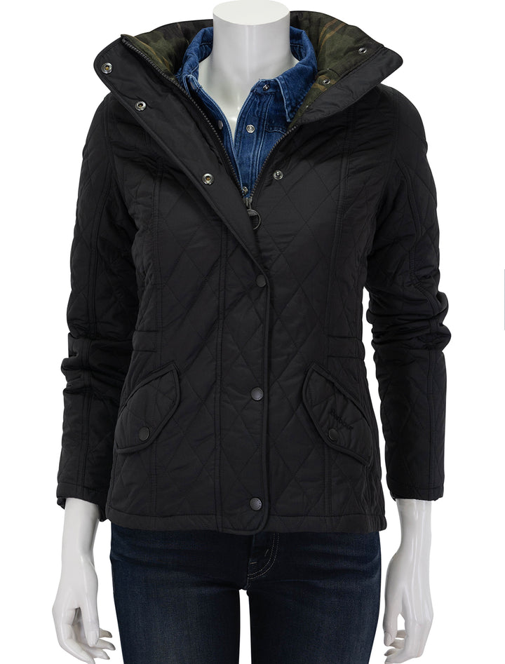 front view of millfire quilted jacket in black zipped