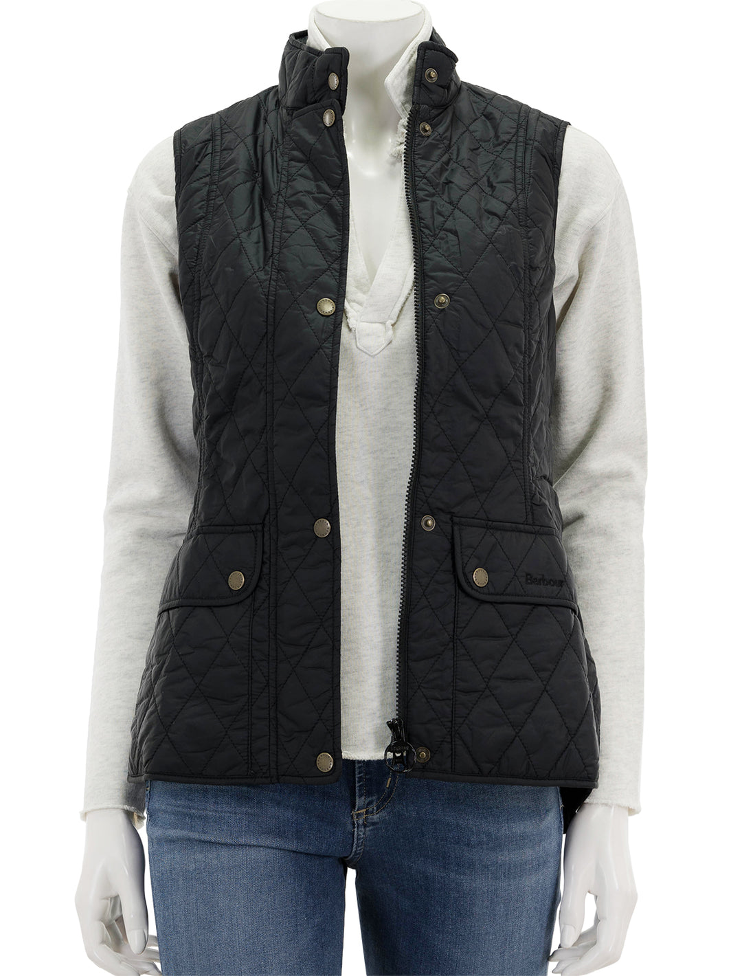 Front view of Barbour's otterburn gilet in black, unzipped.