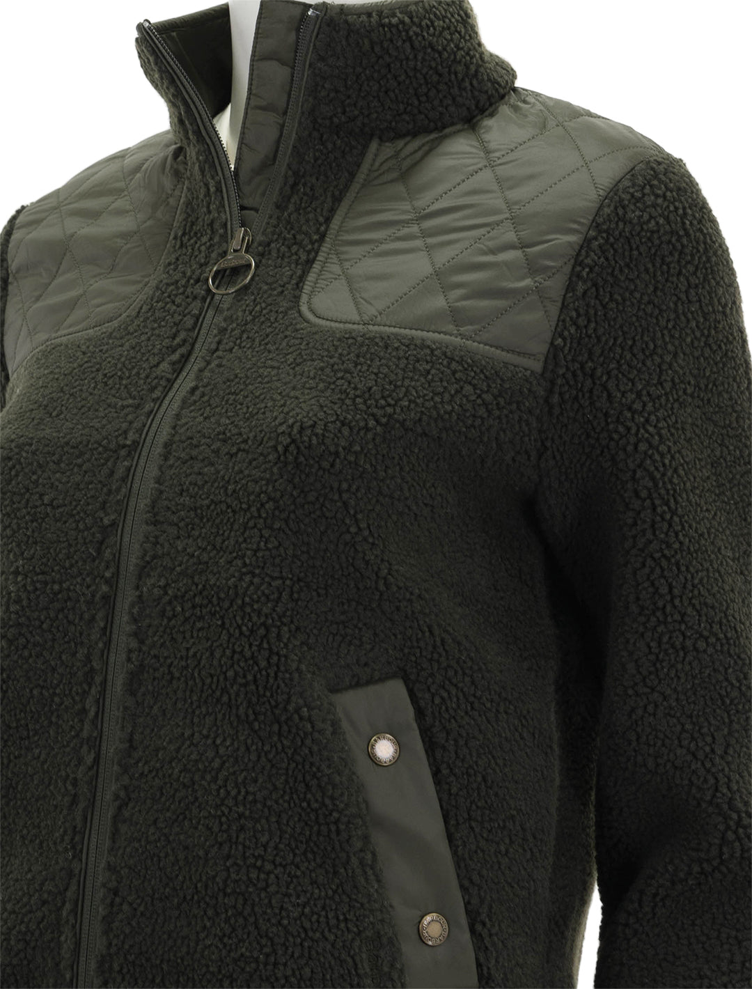 Close-up view of Barbour's rockling fleece in olive.