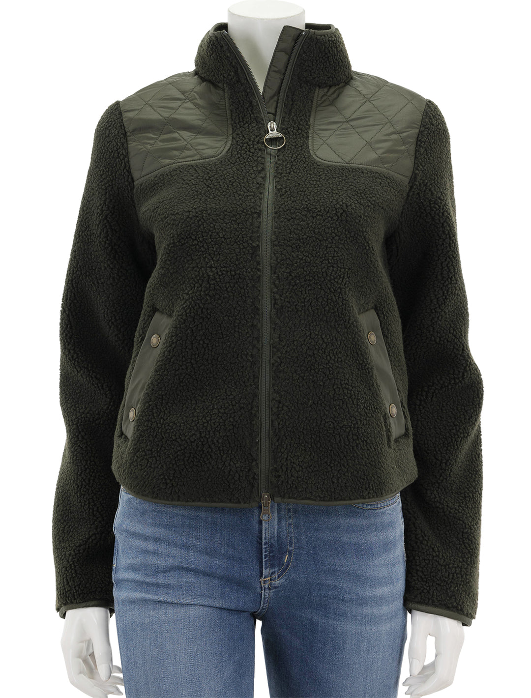 Front view of Barbour's rockling fleece in olive, zipped.