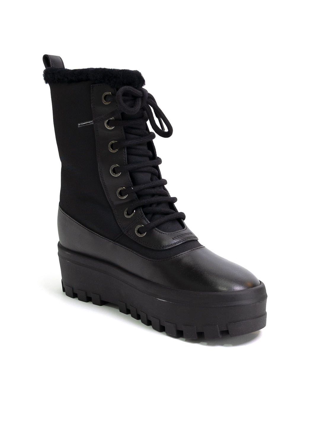 Front angle view of Mackage's hero boots in black.