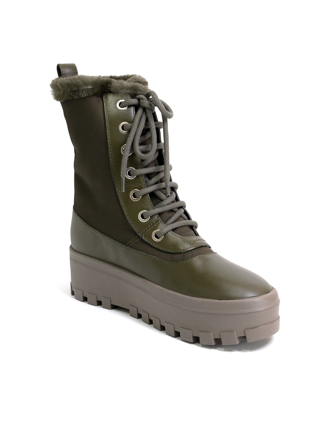 Front angle view of Mackage's hero boots in army.