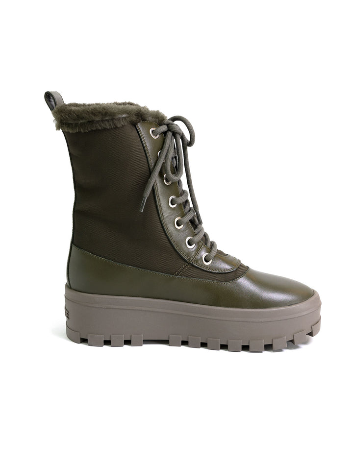 Side view of Mackage's hero boots in army.