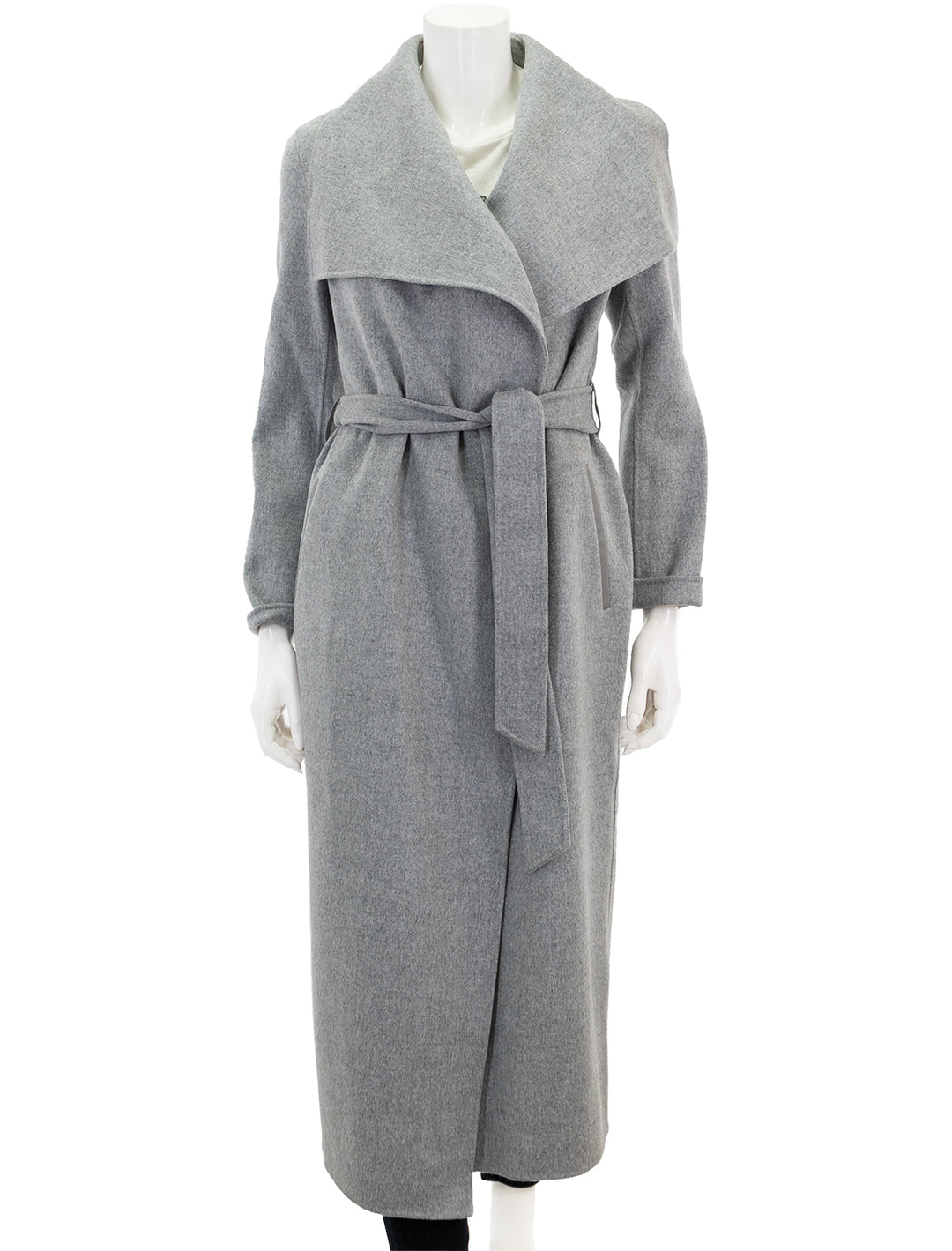 Front view of Mackage's mai in grey melange, tied at the waist.