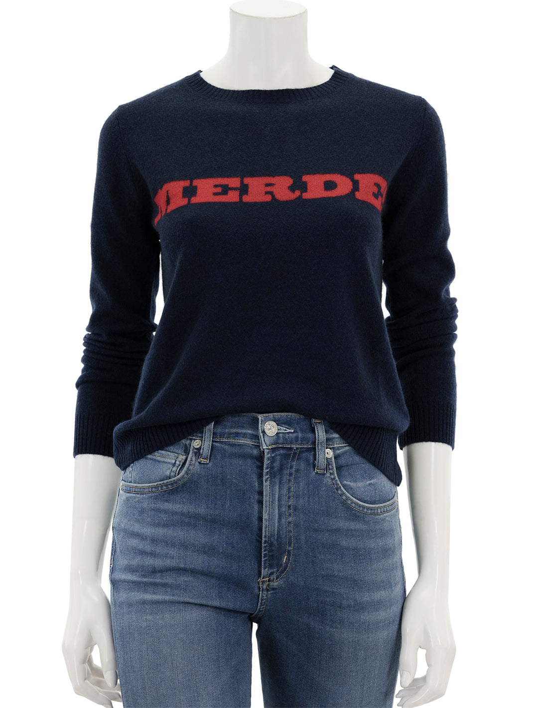 Front view of Jumper 1234's merde sweater in navy and red.