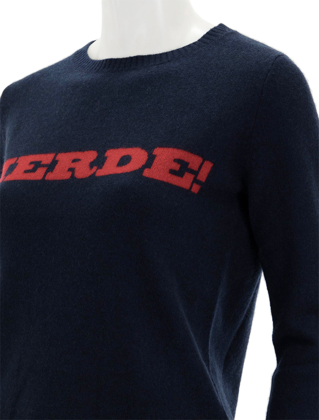 Close-up view of Jumper 1234's merde sweater in navy and red.