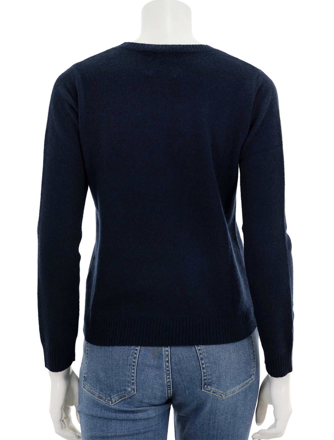 Back view of Jumper 1234's merde sweater in navy and red.