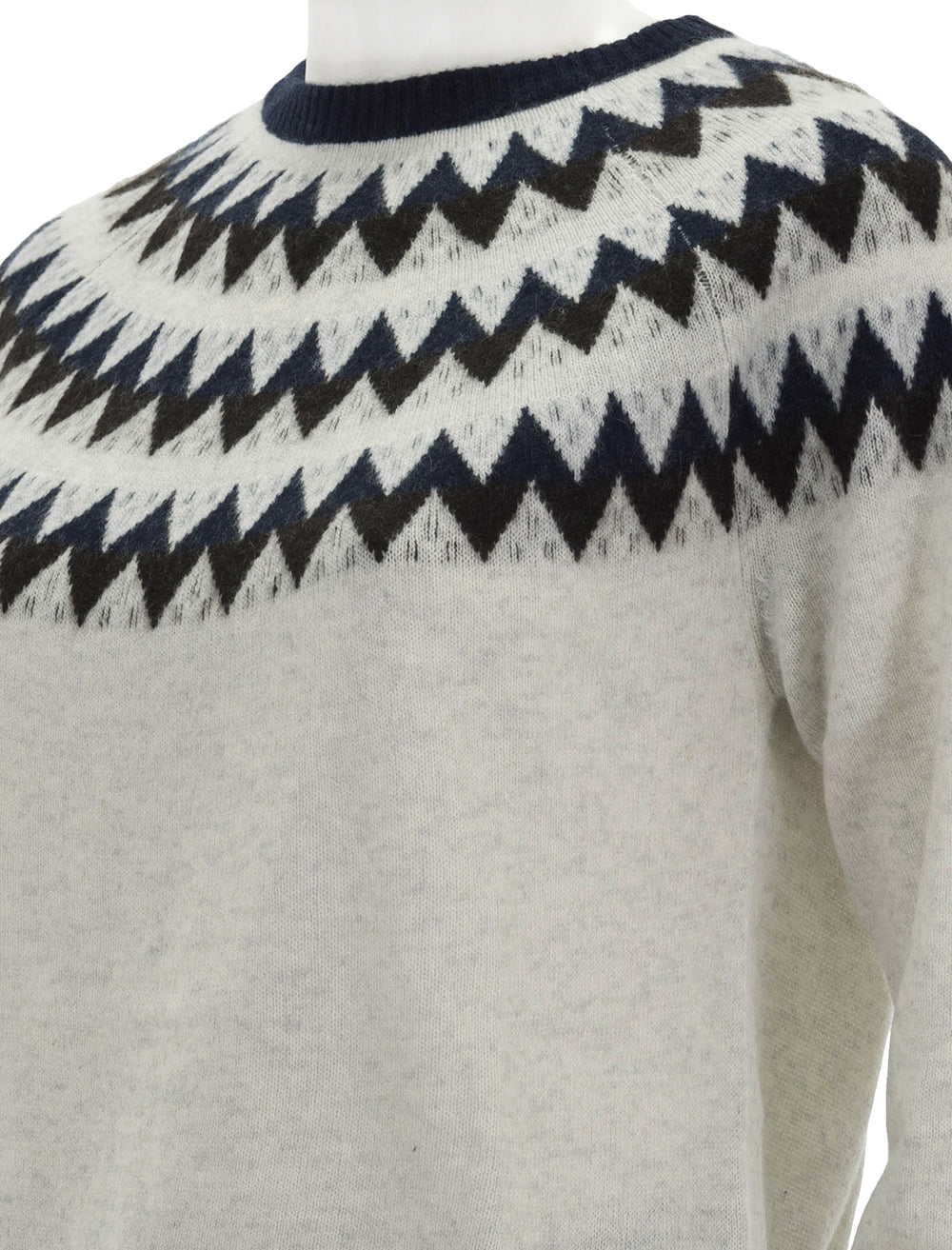 Close-up view of Jumper 1234's val crewneck sweater in navy, marble and bitter.