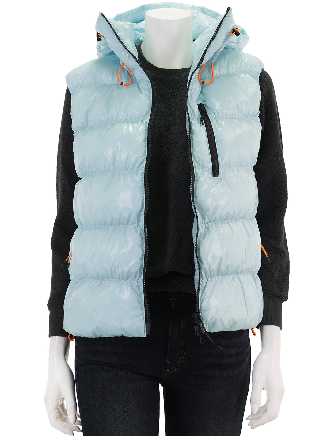 Front view of Bogner Fire + Ice's naima vest in pale blue, unzipped.