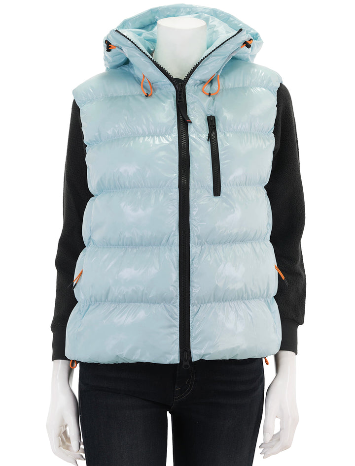 Front view of Bogner Fire + Ice's naima vest in pale blue, zipped.