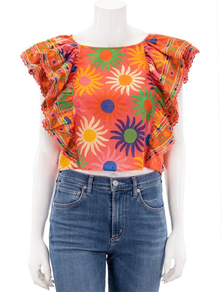 Front view of Farm Rio's summer sun coral blouse.