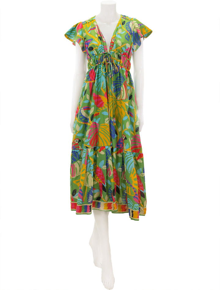Front view of Farm Rio's forest birds midi dress in green.