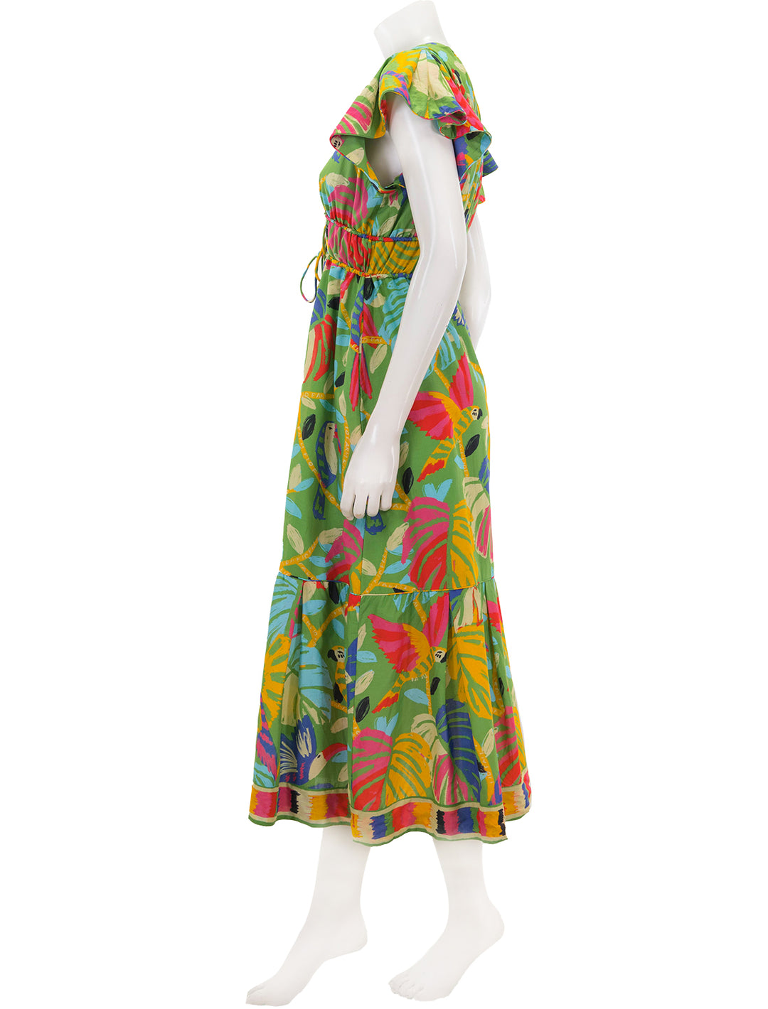 Side view of Farm Rio's forest birds midi dress in green.