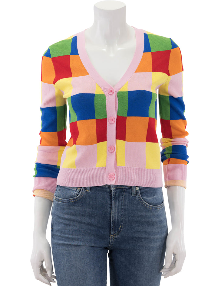 Front view of The English Factory's multi check gingham cardi.