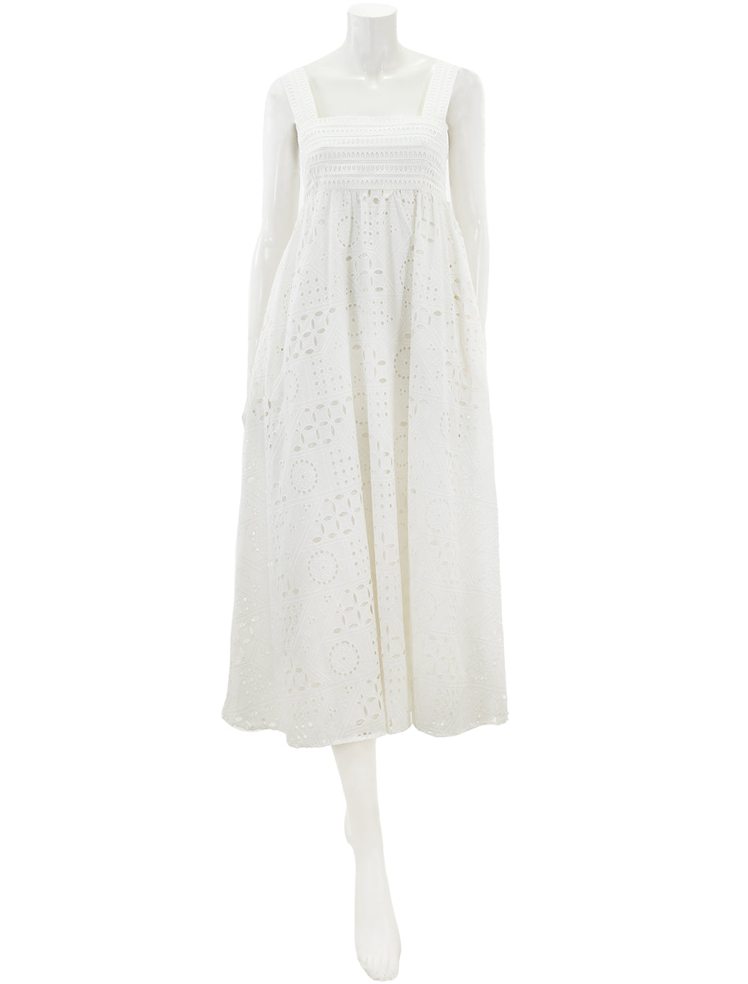 front view of broderie anglaise maxi dress in white