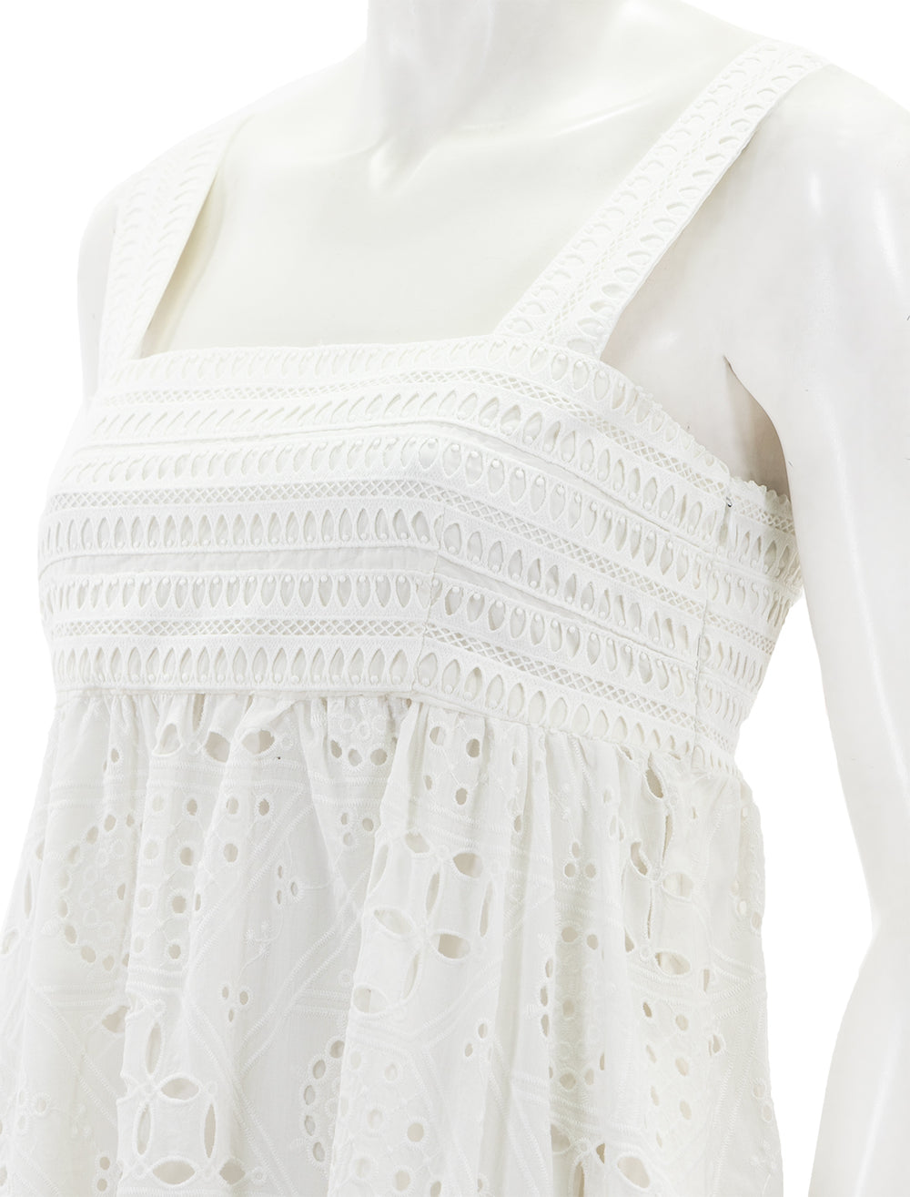 close up view of broderie anglaise maxi dress in white