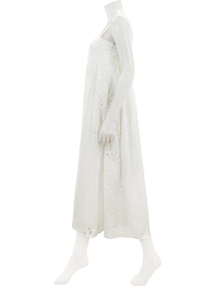 side view of broderie anglaise maxi dress in white