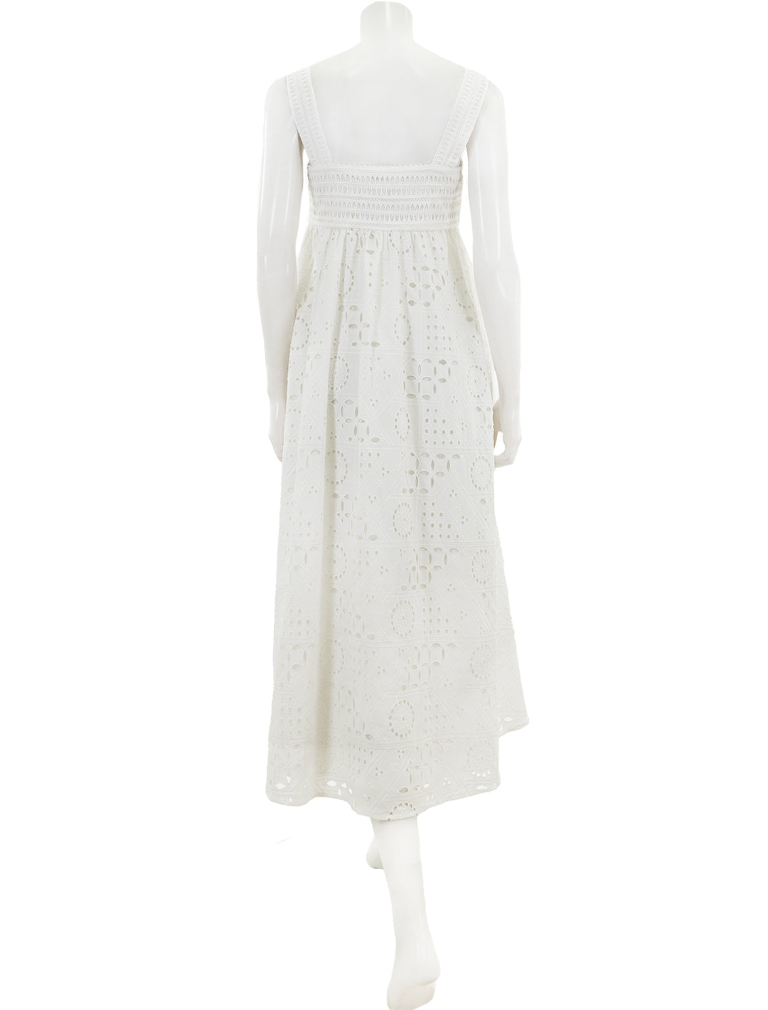 back view of broderie anglaise maxi dress in white