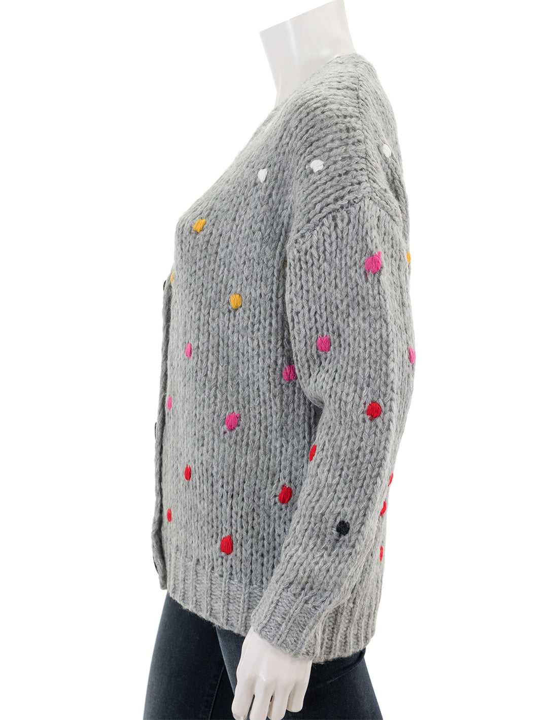 Side view of John + Jenn's jack cardigan in grey owl.