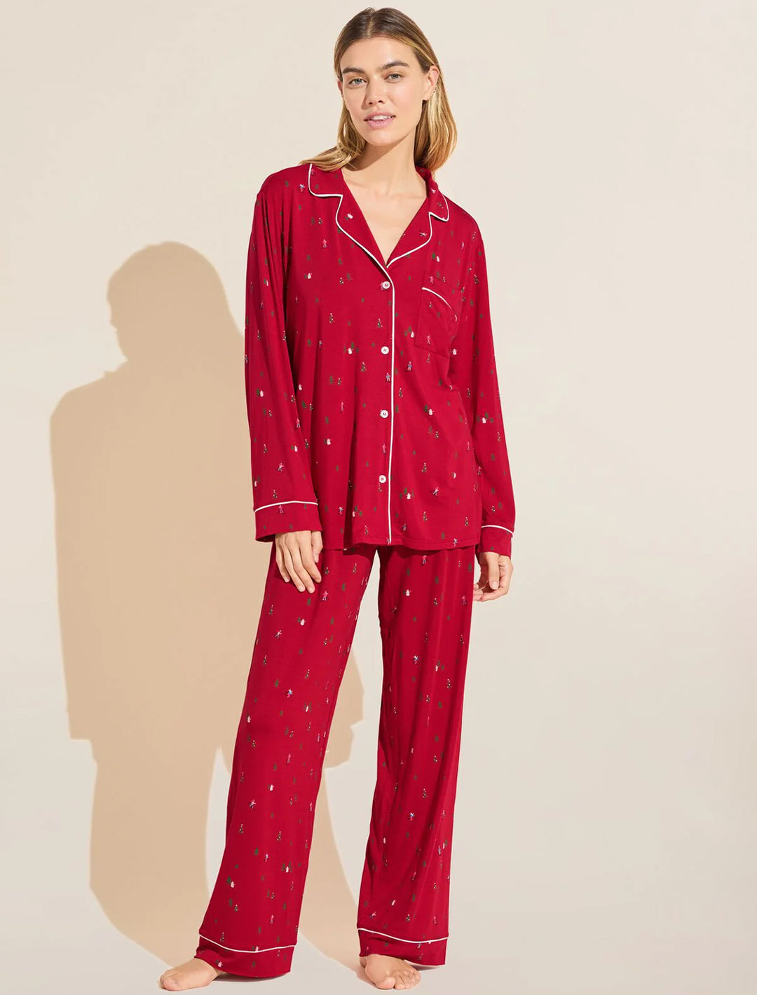 Model wearing Eberjey's gisele long pj set in apres ski red.