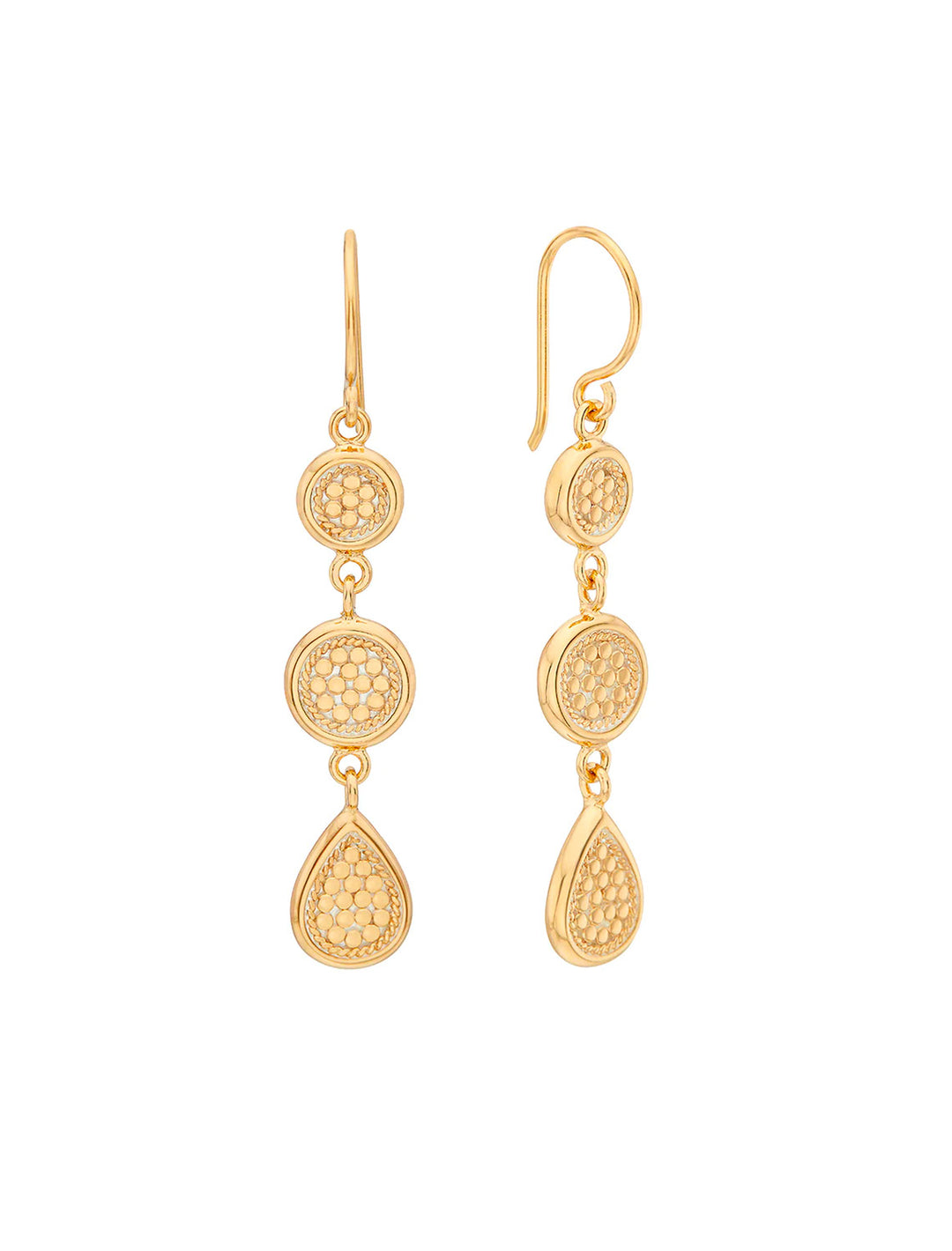 Front view of Anna Beck's classic triple drop earrings in gold.