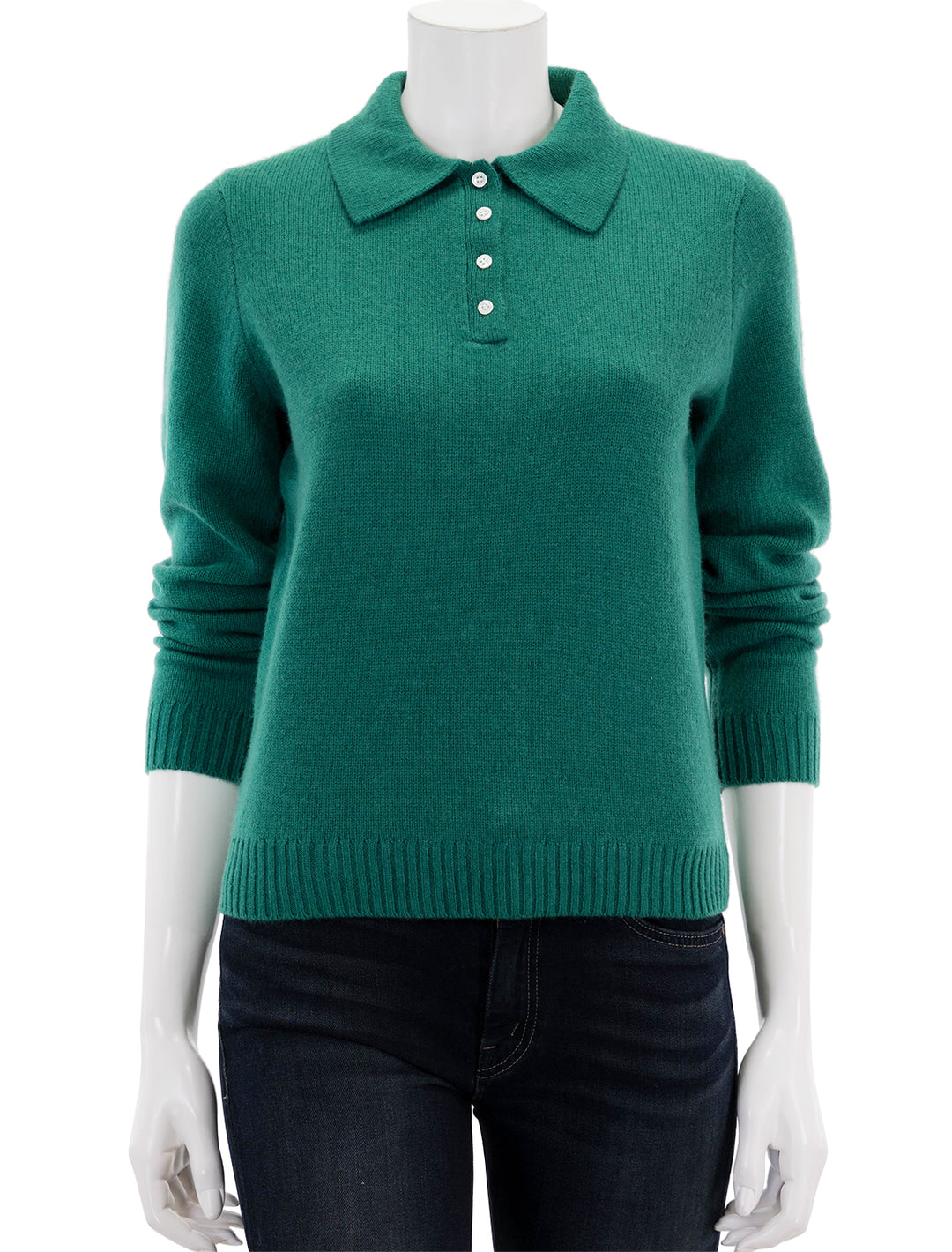 Front view of Alex Mill's cashmere alice polo sweater in kelly green.