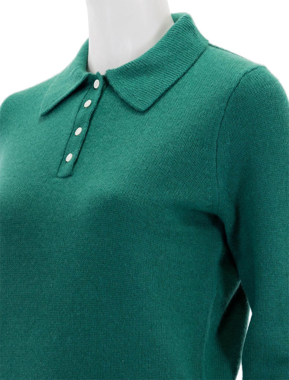 Close-up view of Alex Mill's cashmere alice polo sweater in kelly green.