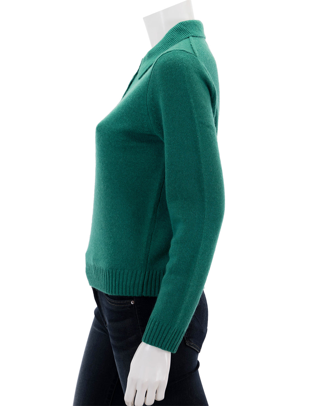 Side view of Alex Mill's cashmere alice polo sweater in kelly green.