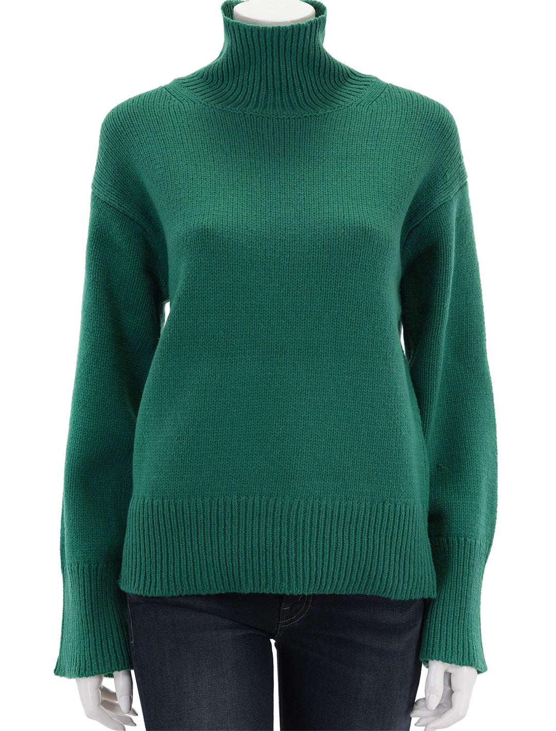 Front view of Alex Mill's betty turtleneck in evergreen.