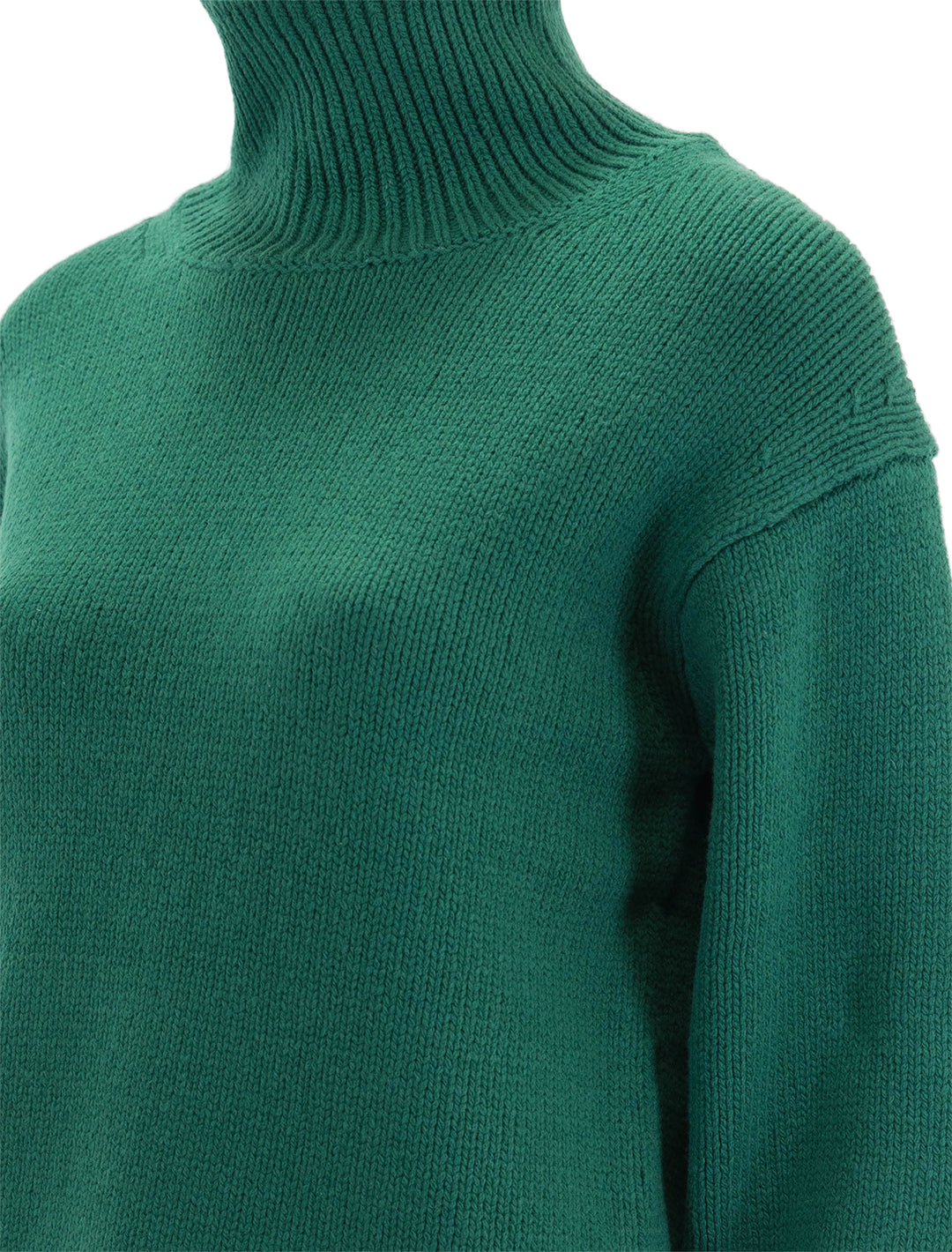 Close-up view of Alex Mill's betty turtleneck in evergreen.