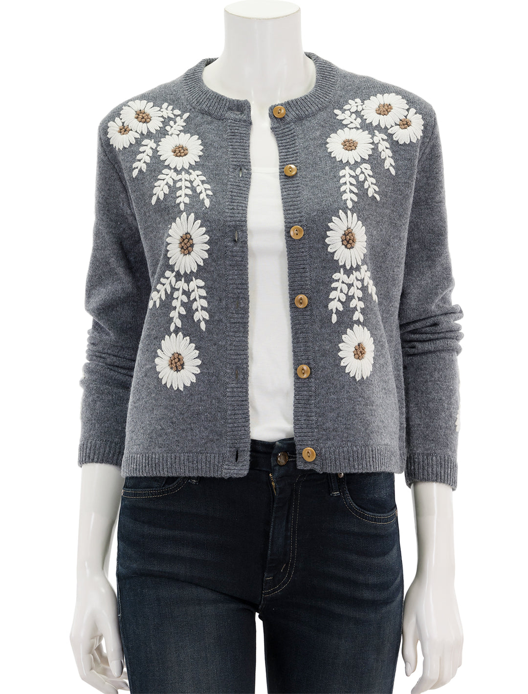 Front view of Alex Mills' becca embroidered cardigan in grey combo, unbuttoned.
