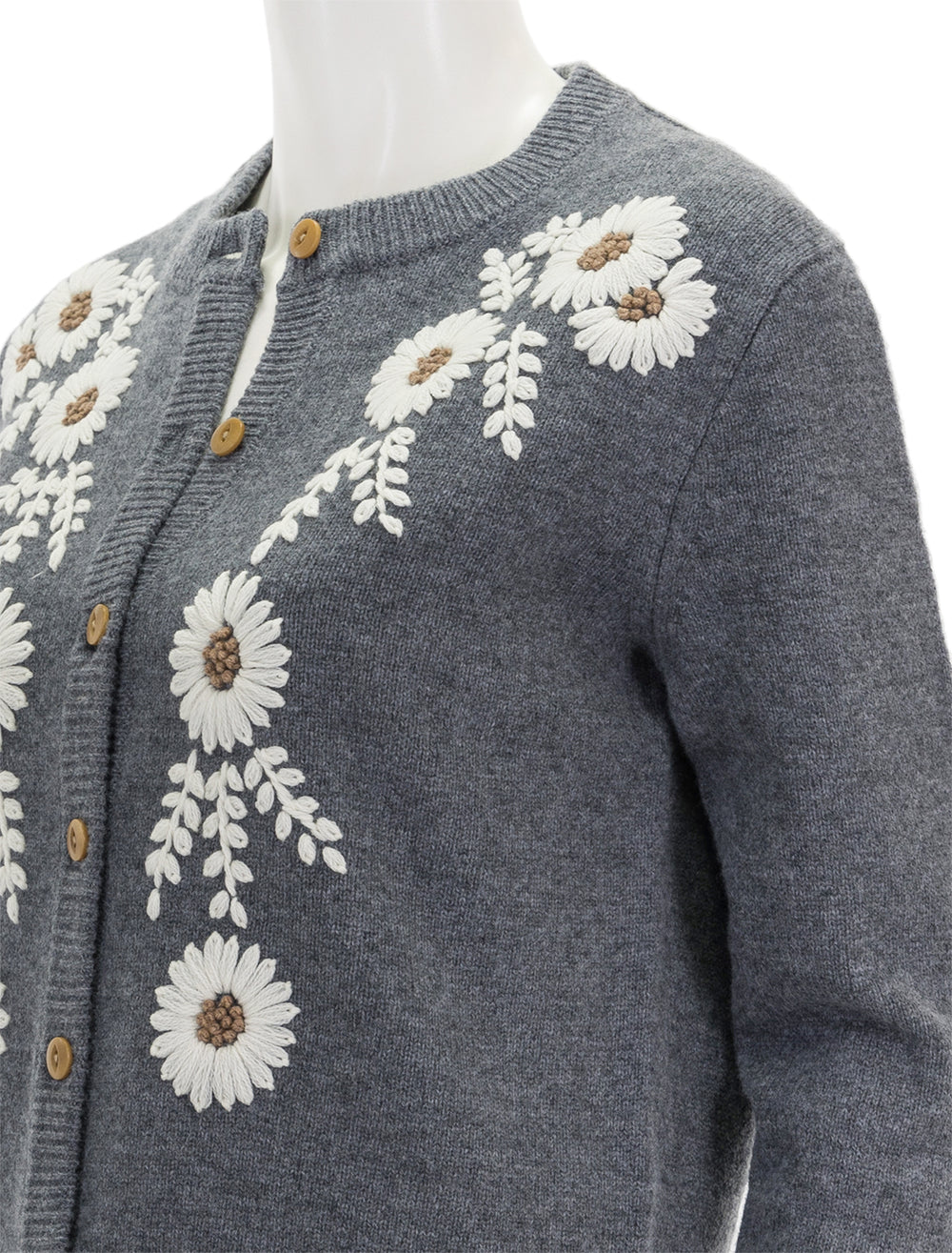 Close-up view of Alex Mills' becca embroidered cardigan in grey combo.