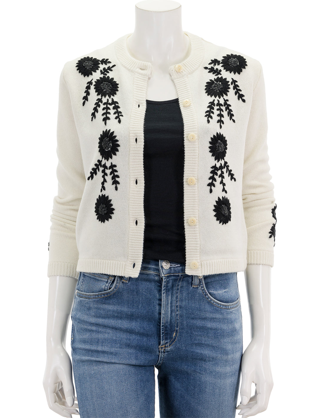 Front view of Alex Mills' becca embroidered cardigan in ivory combo, unbuttoned.