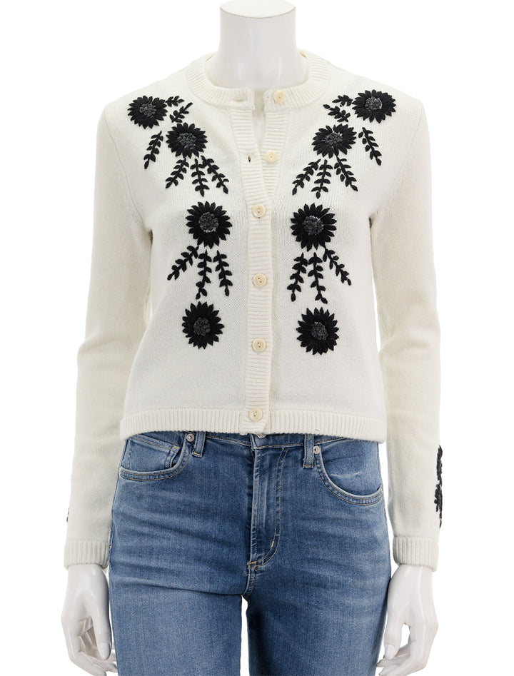 Front view of Alex Mills' becca embroidered cardigan in ivory combo, buttoned