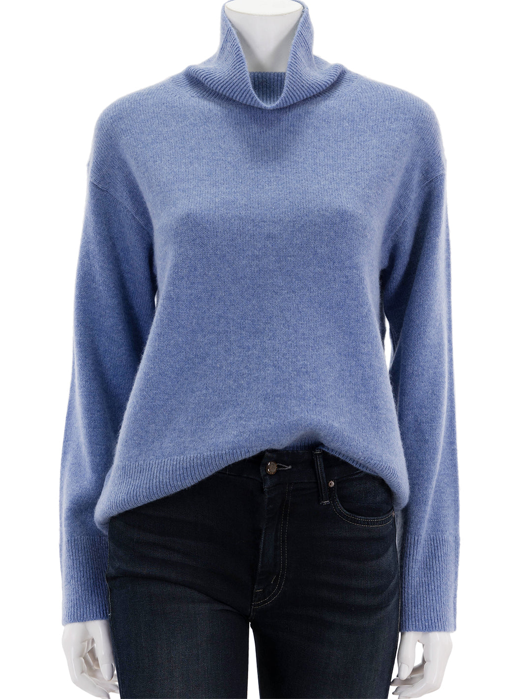 Front view of Alex Mill's cecile turtleneck sweater in cashmere heather blue.