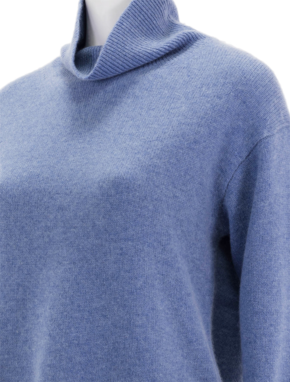 Close-up view of Alex Mill's cecile turtleneck sweater in cashmere heather blue.