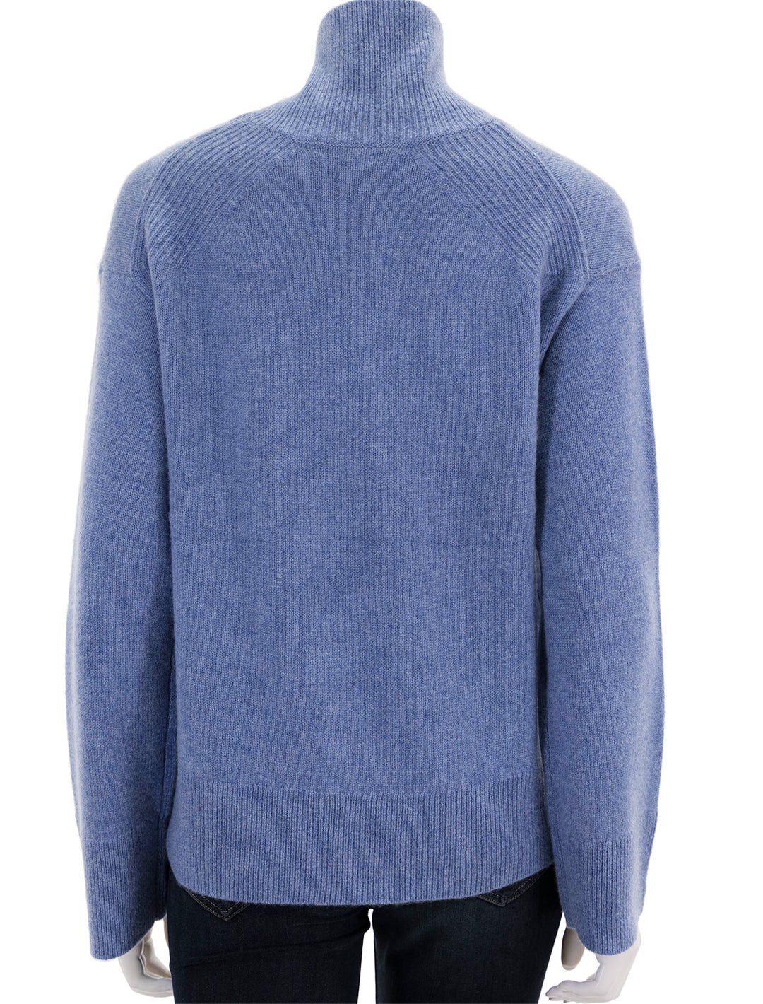 Back view of Alex Mill's cecile turtleneck sweater in cashmere heather blue.